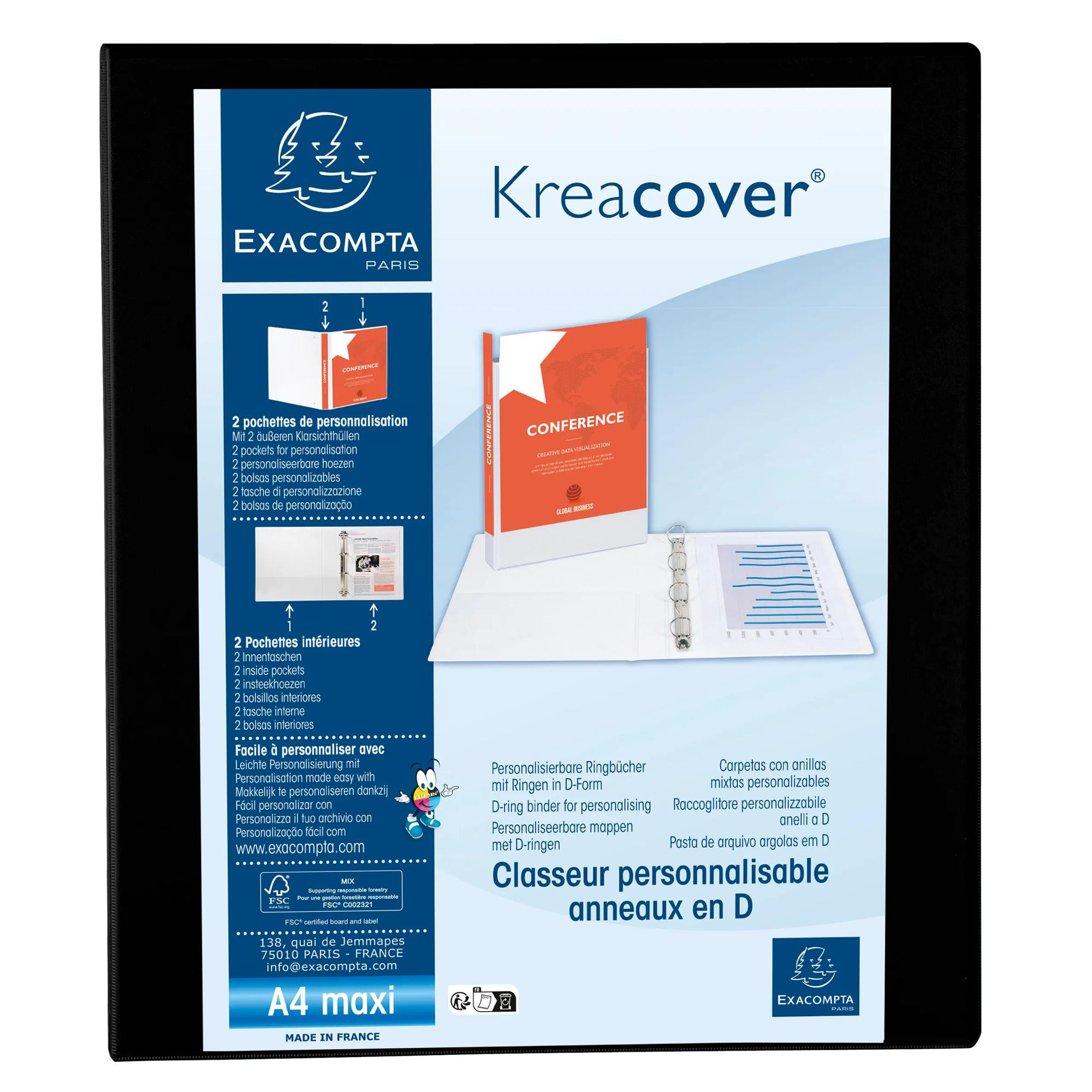EXACOMPTA Classeur PP personnalisable Kreacover - 4 anneaux en D 30mm - A4 maxi - Noir