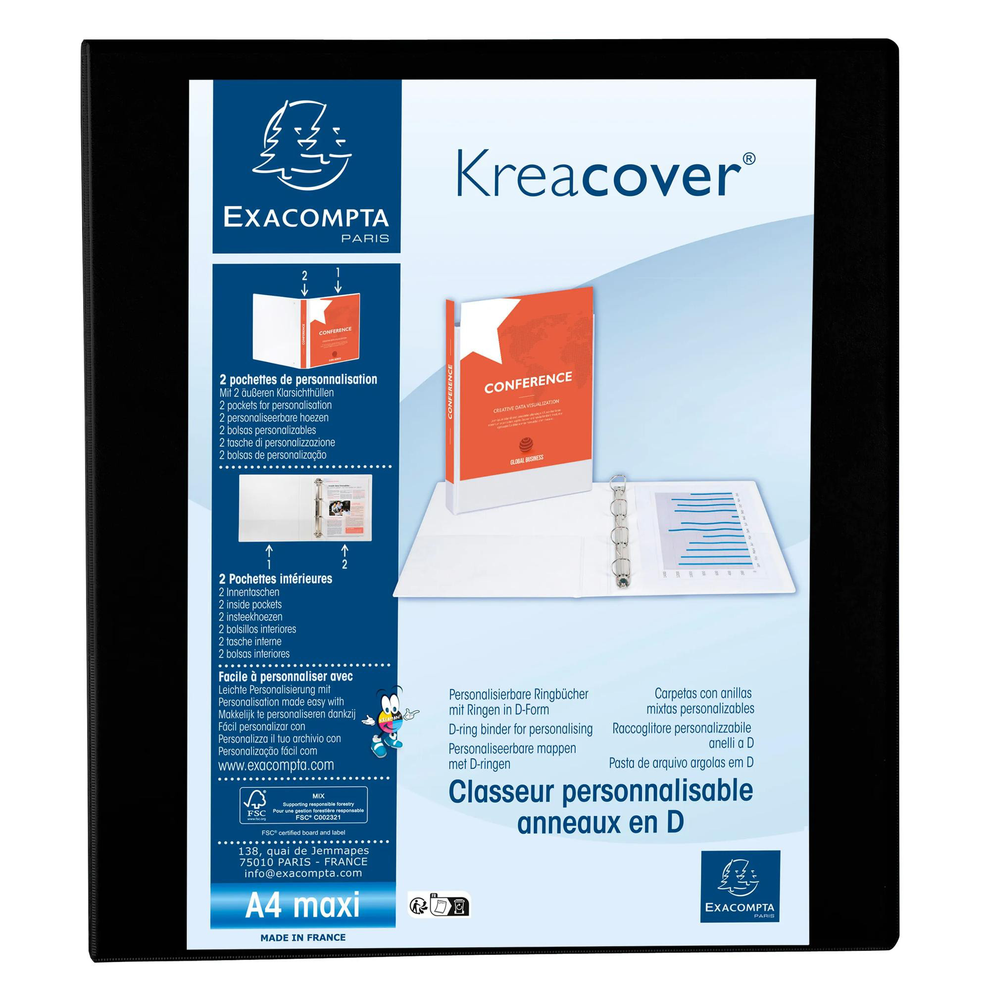 EXACOMPTA Classeur PP personnalisable Kreacover - 4 anneaux en D 40mm - A4 maxi - Noir