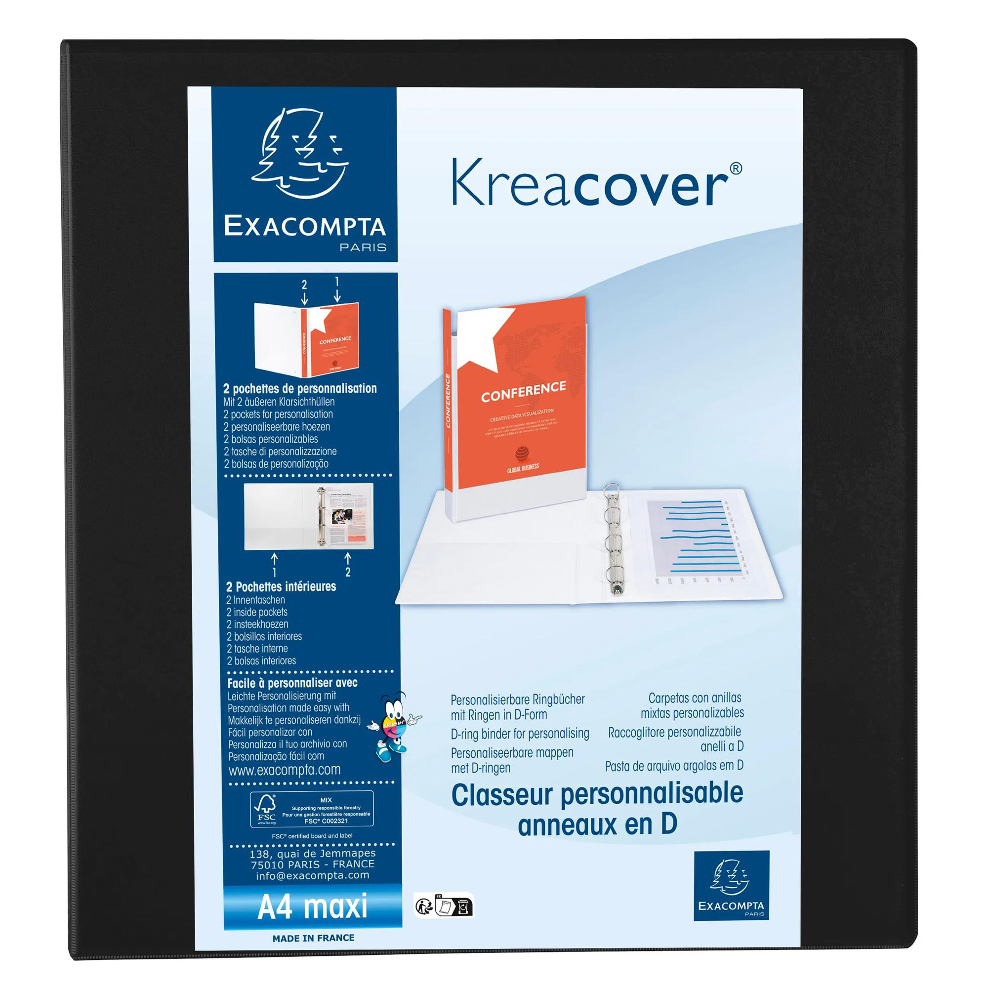 EXACOMPTA Classeur PP personnalisable Kreacover - 4 anneaux en D 60mm - A4 maxi - Noir