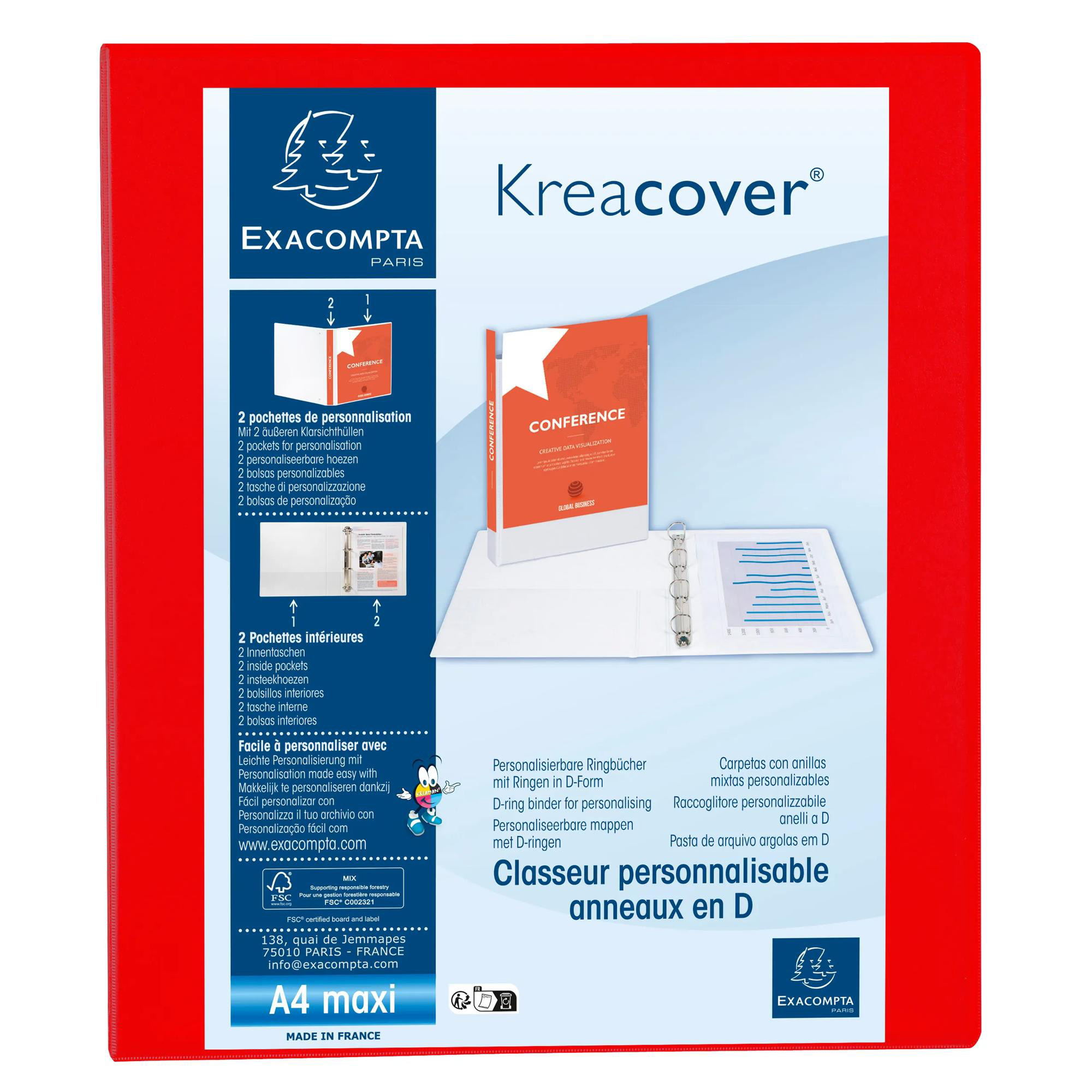 EXACOMPTA Classeur PP personnalisable Kreacover - 4 anneaux en D 25mm - A4 maxi - Rouge