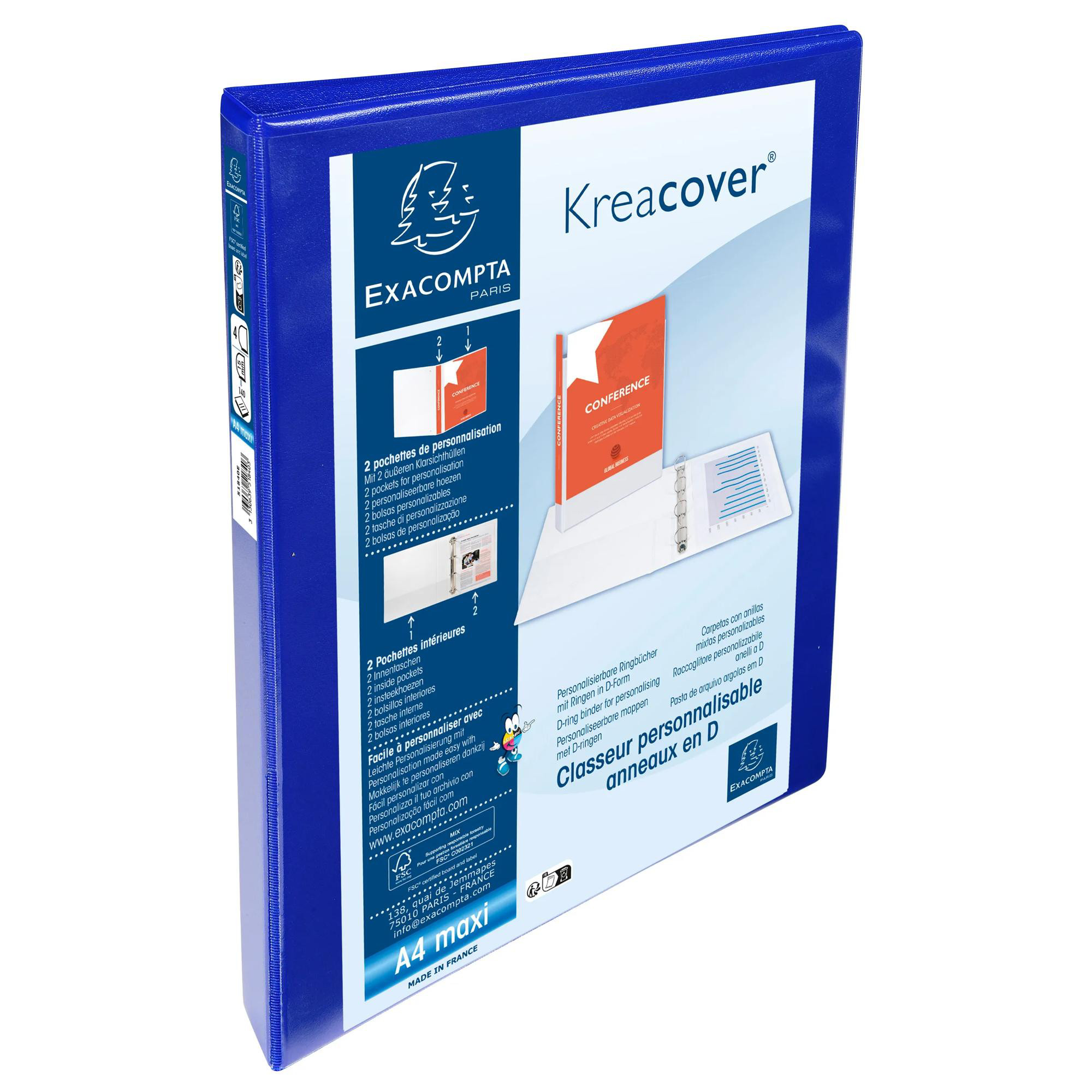 EXACOMPTA Classeur PP personnalisable Kreacover - 4 anneaux en D 15mm - A4 maxi - Bleu