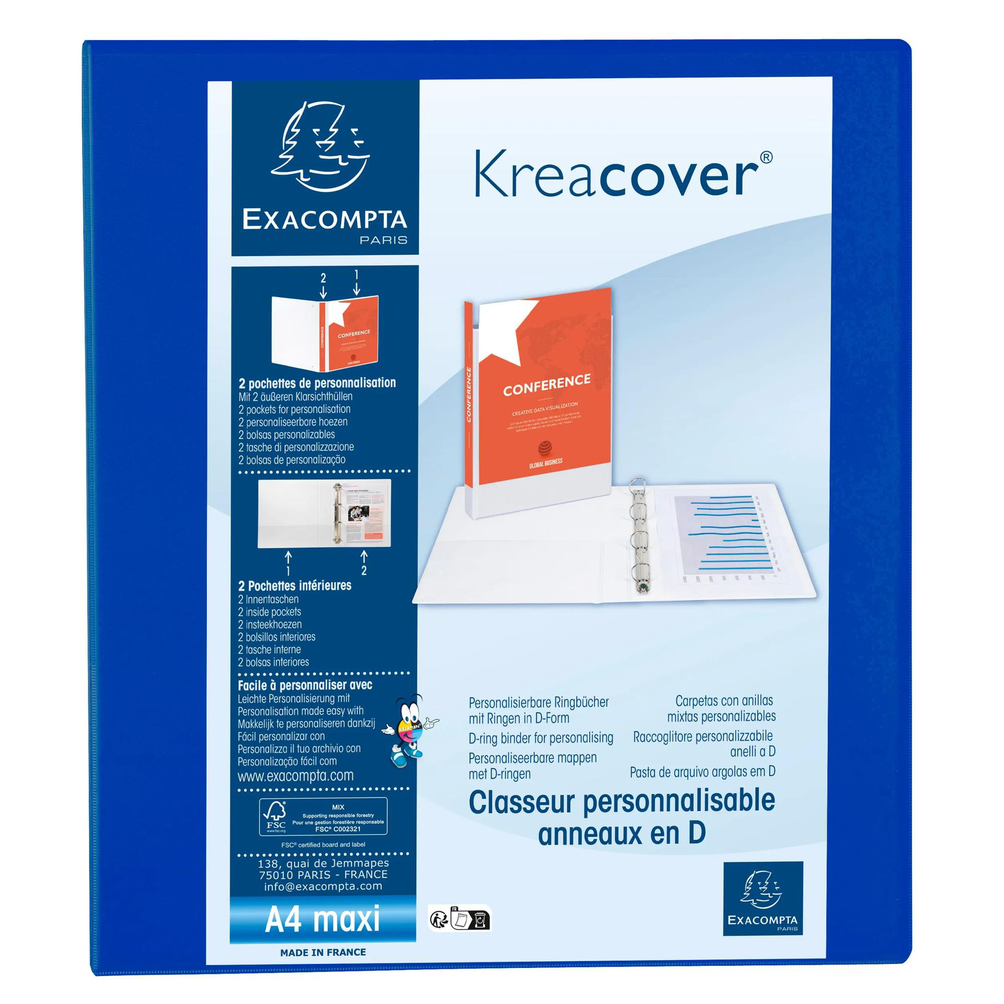 EXACOMPTA Classeur PP personnalisable Kreacover - 4 anneaux en D 50mm - A4 maxi - Bleu