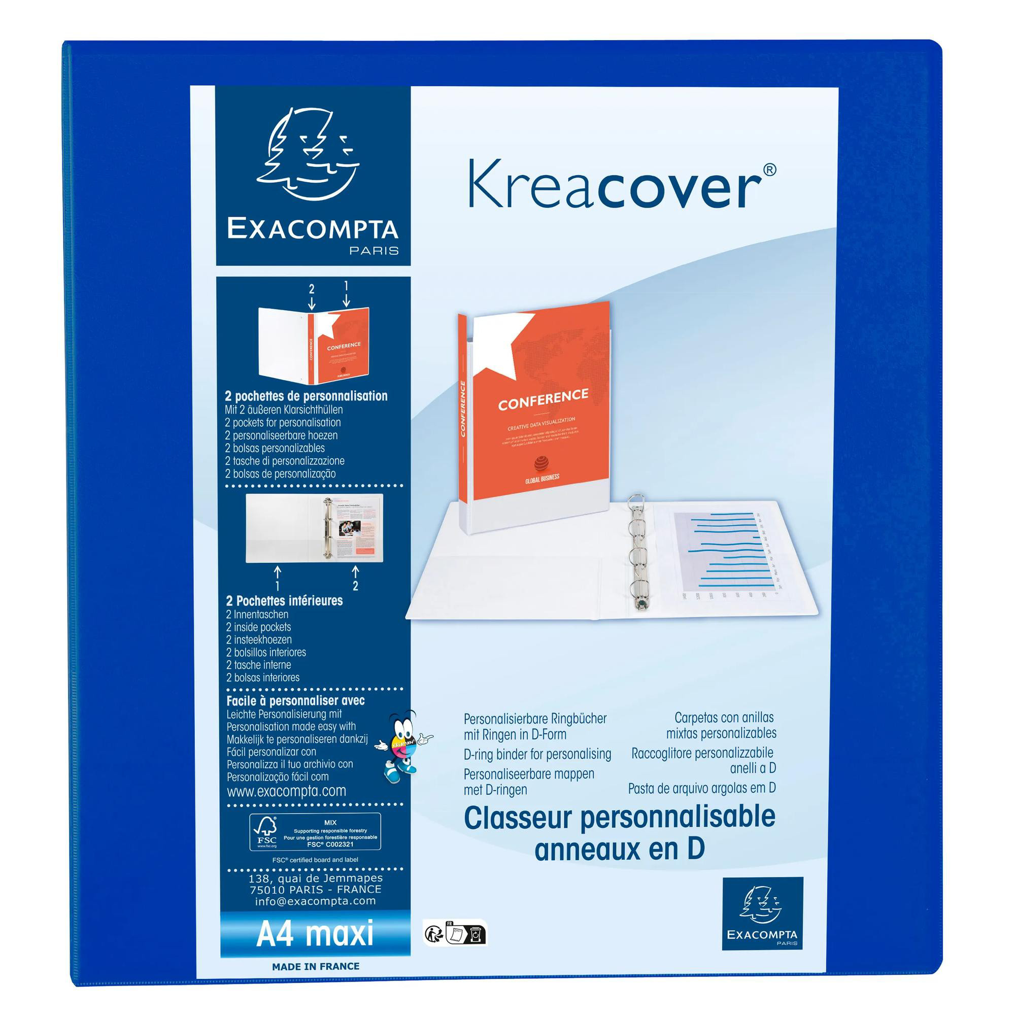 Exacompta Classeur PP personnalisable Kreacover - 4 anneaux en D 60mm - A4 maxi Bleu - vue 2