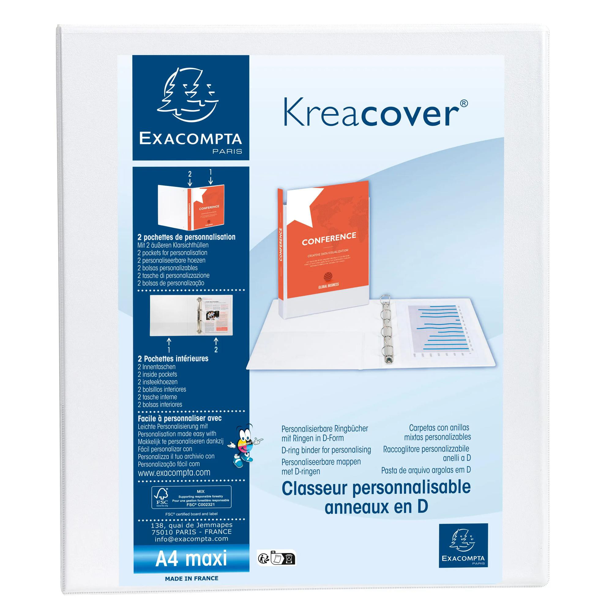 EXACOMPTA Classeur PP personnalisable Kreacover - 2 anneaux en D 15mm - A4 maxi - Blanc