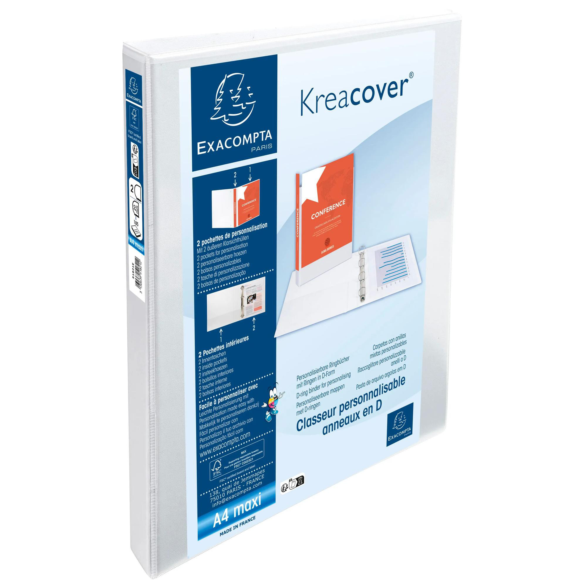 EXACOMPTA Classeur PP personnalisable Kreacover - 2 anneaux en D 20mm - A4 maxi - Blanc