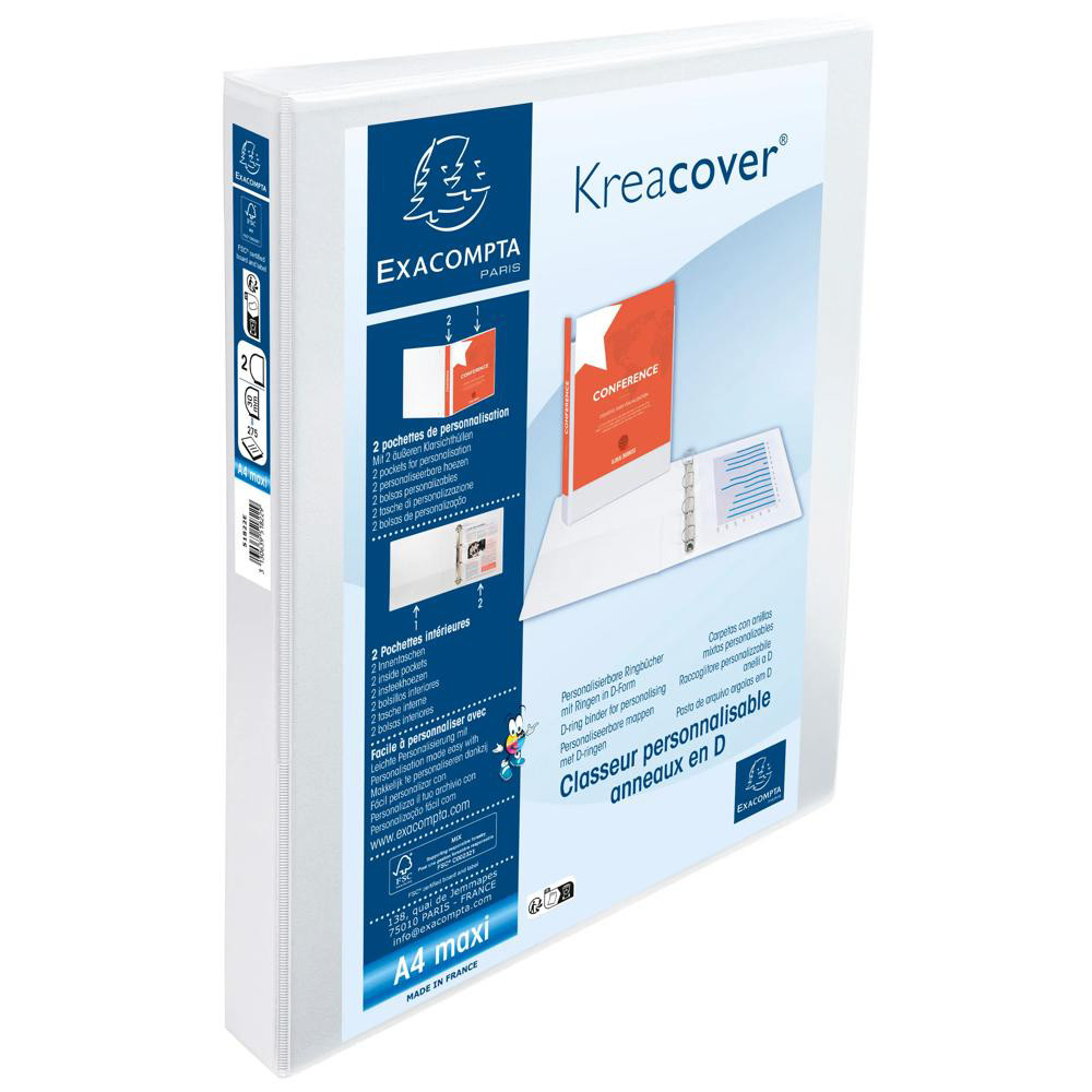 EXACOMPTA Classeur PP personnalisable Kreacover - 2 anneaux en D 30mm - A4 maxi - Blanc