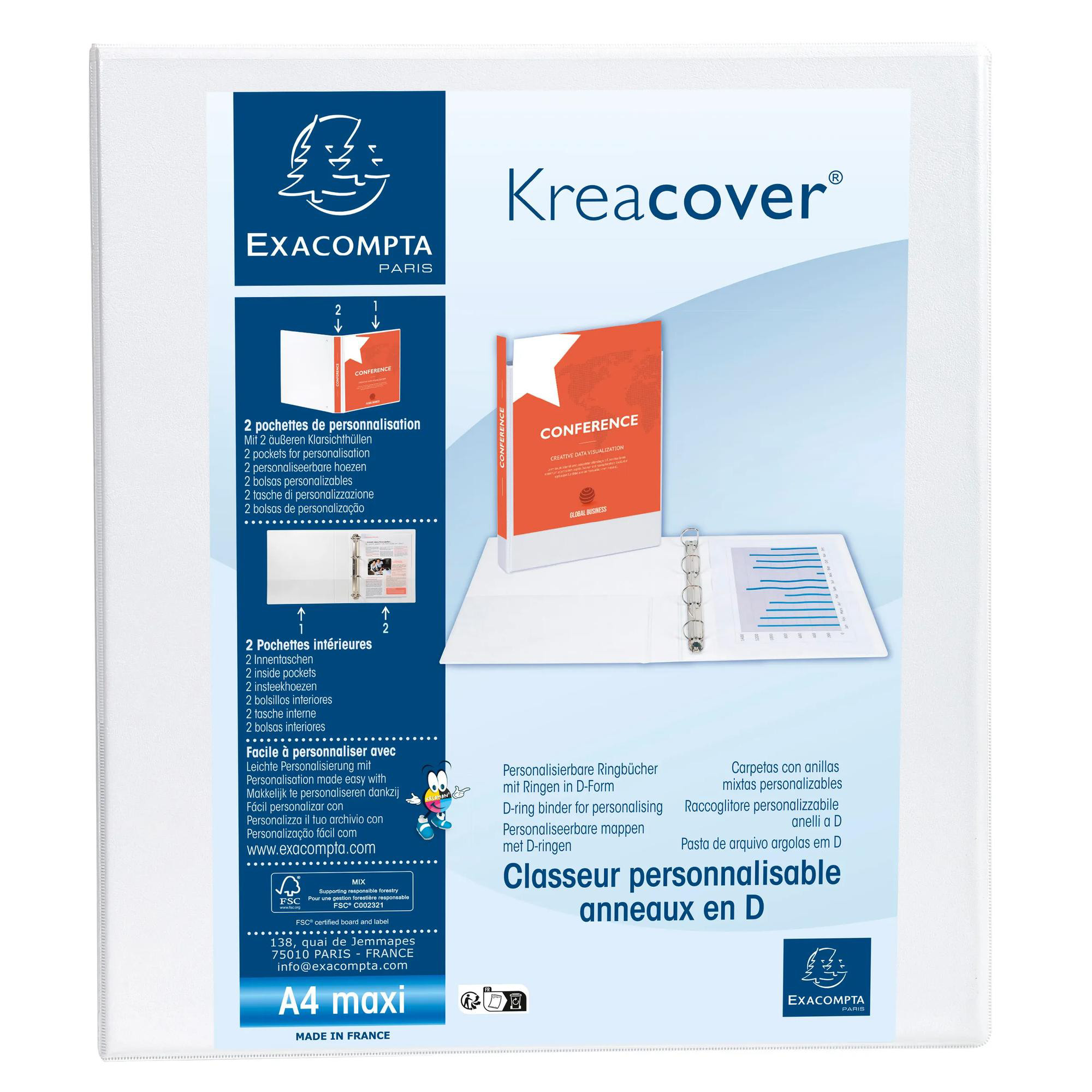 EXACOMPTA Classeur PP personnalisable Kreacover - 2 anneaux en D 40mm - A4 maxi - Blanc
