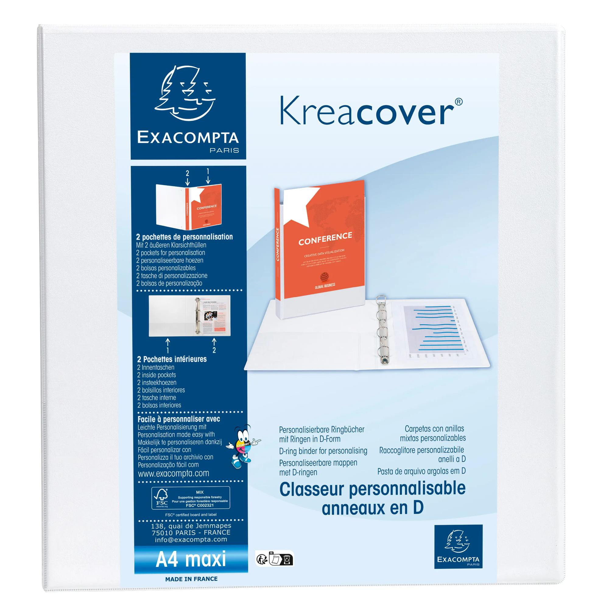 EXACOMPTA Classeur PP personnalisable Kreacover - 2 anneaux en D 50mm - A4 maxi - Blanc