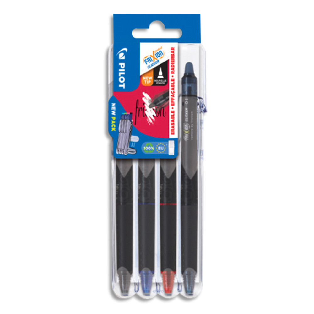 PILOT Etuis de 4 rollers effaables rtractable FriXion. Pointe aiguille. Noir, bleu, rouge, bleu nuit.