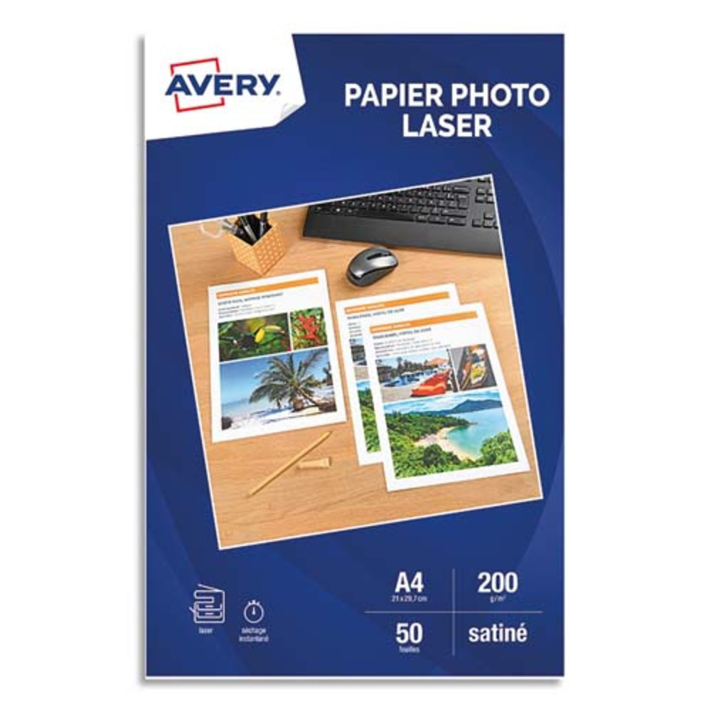 AVERY Bote de 50 feuilles de papier photo brillant A4, Laser, 200 g. Impression recto-verso