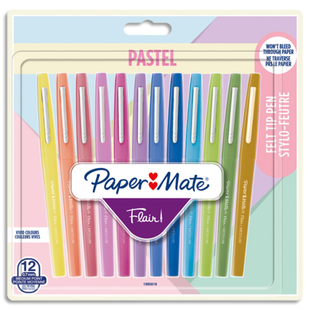 PAPERMATE Blister de 12 stylos feutres Flair. Coloris Pastel assortis