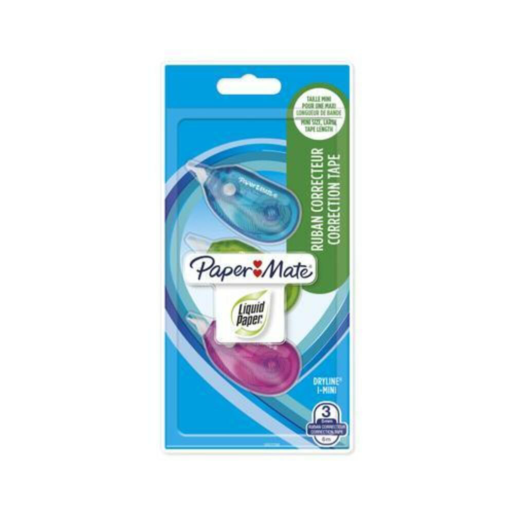 PAPER MATE PAPERMATE Blister 3 rubans correcteur Dryline Mini 5 mm x 6 m (1 Vert, 1 Turquoise, 1 Magenta)