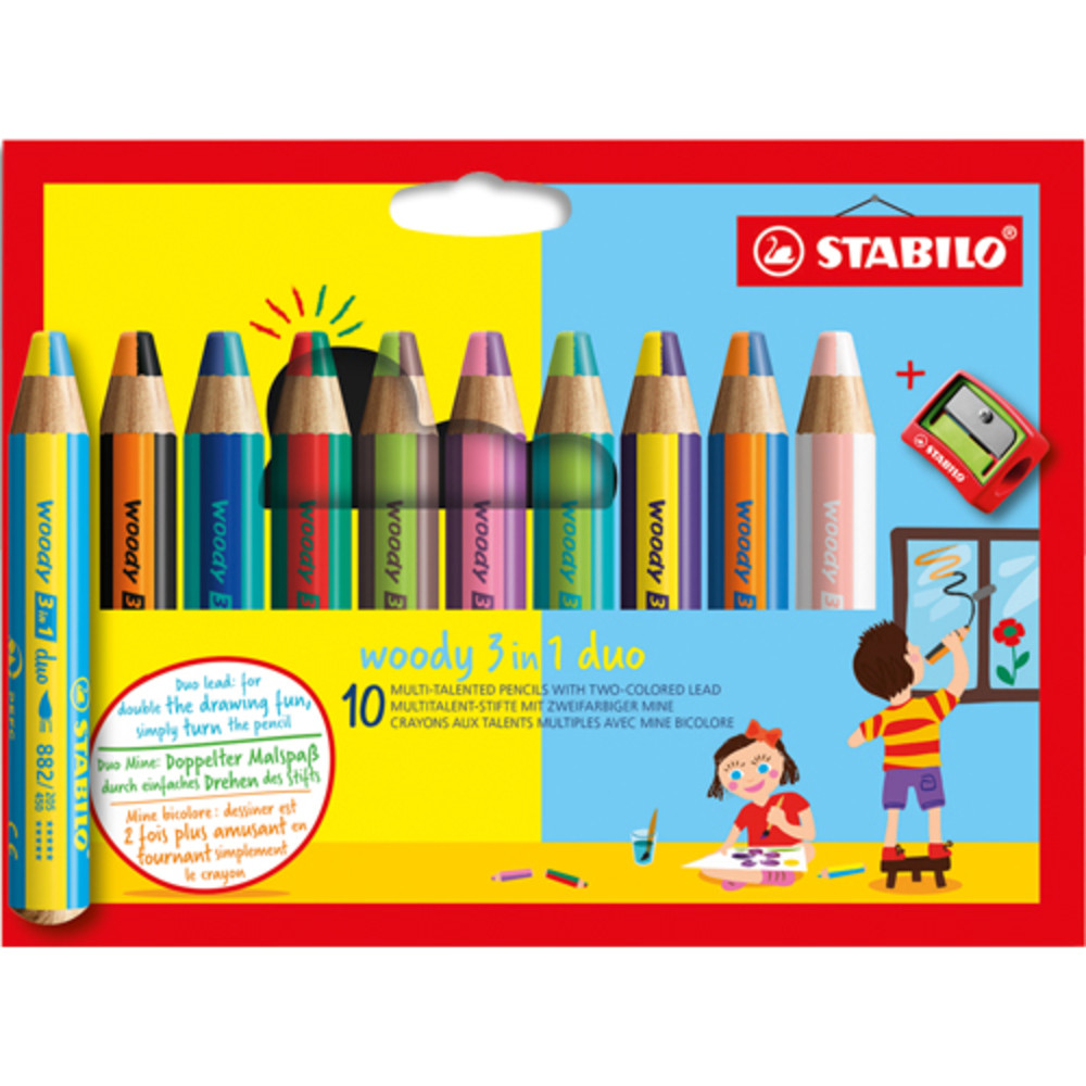 STABILO Etui carton de 10 crayons multi-talents STABILO Woody 3in1 duo + 1 taille-crayon