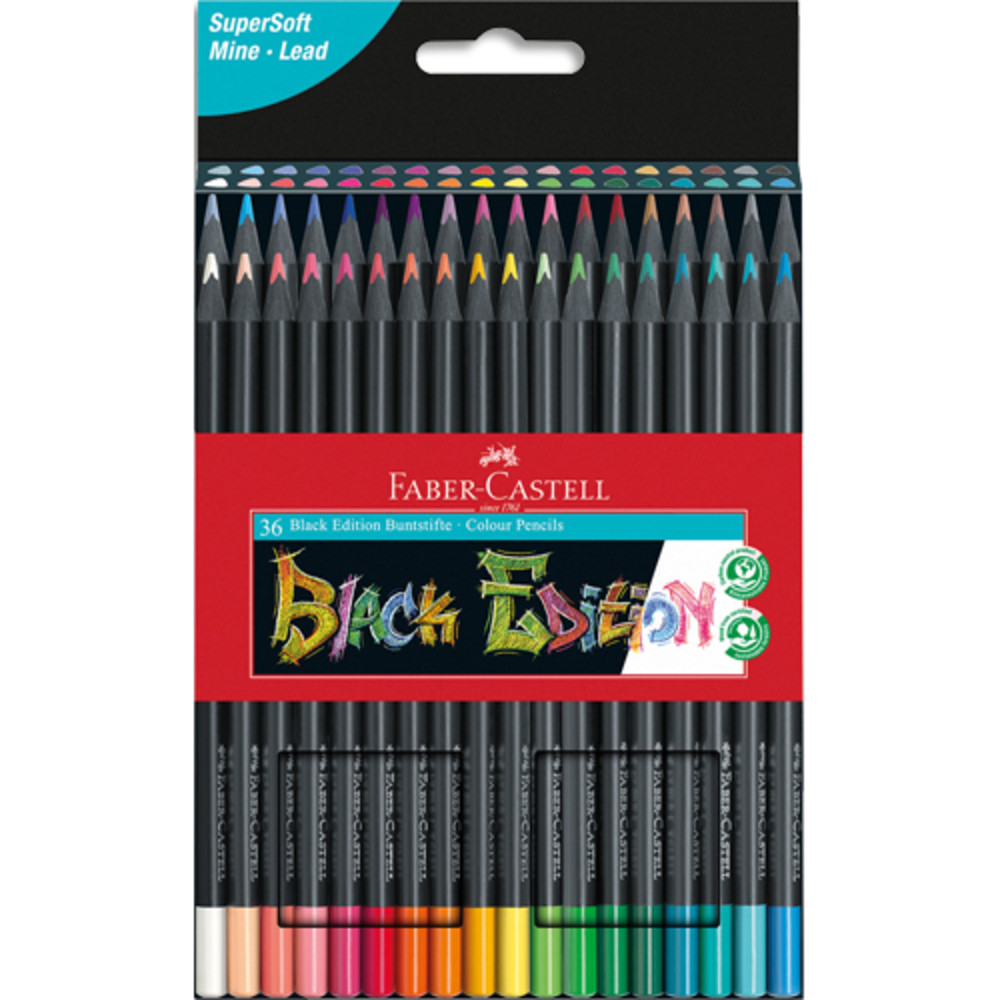 FABER CASTELL Pochette de 36 crayons de couleur Black Edition.Mine tendre.Convient au papier fonc/color