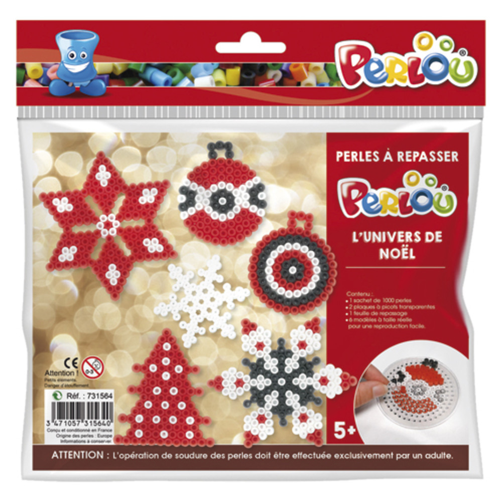 PERLOU Kit d'activit perles  repasser, 1000 perles assorties, 1 plaque, 5 modles, thmes Nol