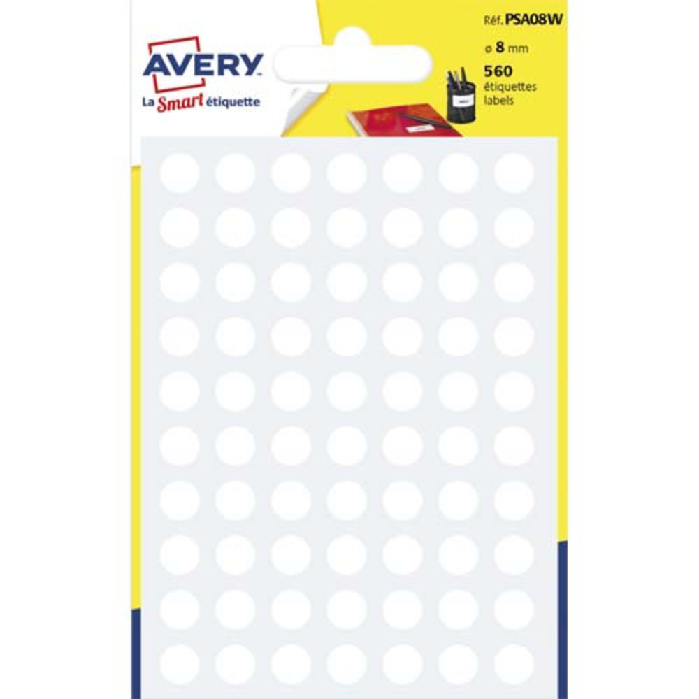 AVERY Sachet de 560 pastilles 8 mm. Ecriture manuelle. Coloris Blanc.