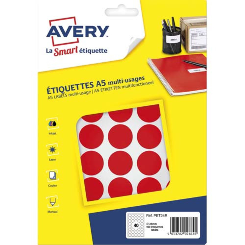 AVERY Sachet de 400 pastilles 24 mm. Imprimables. Coloris Rouge.