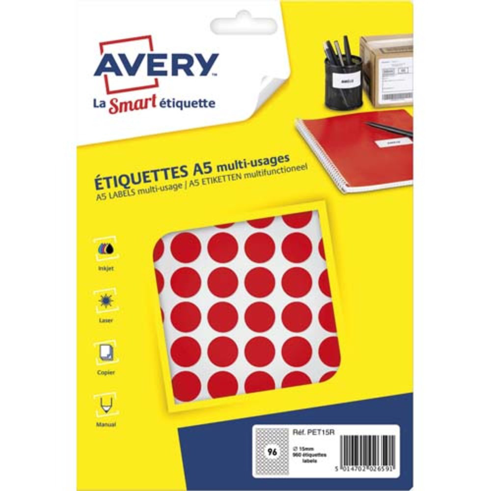 AVERY Sachet de 960 pastilles 15 mm. Imprimables. Coloris Rouge.