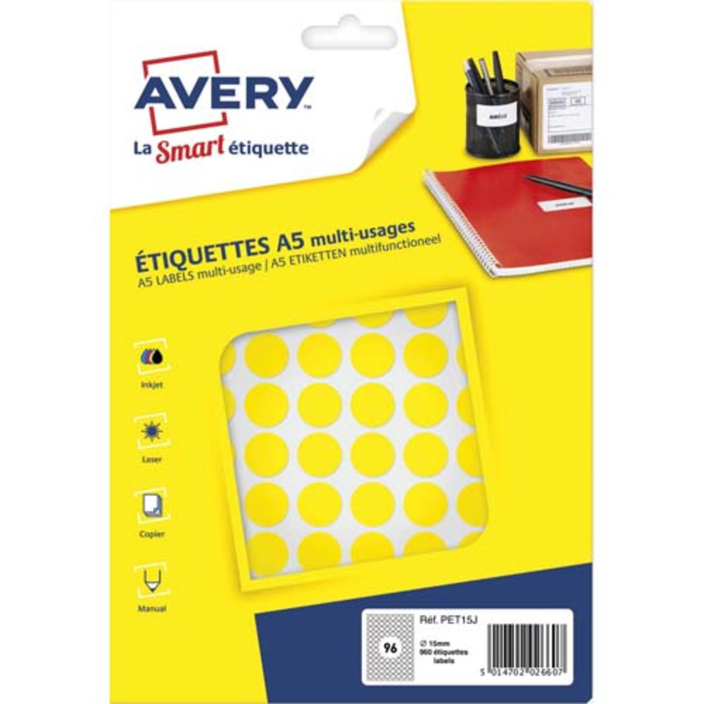 AVERY Sachet de 960 pastilles 15 mm. Imprimables. Coloris Jaune.