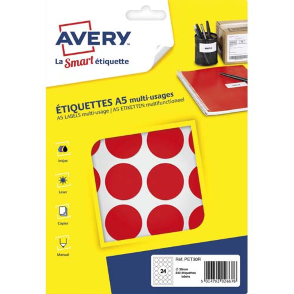 AVERY Sachet de 240 pastilles 30 mm. Imprimables. Coloris Rouge.