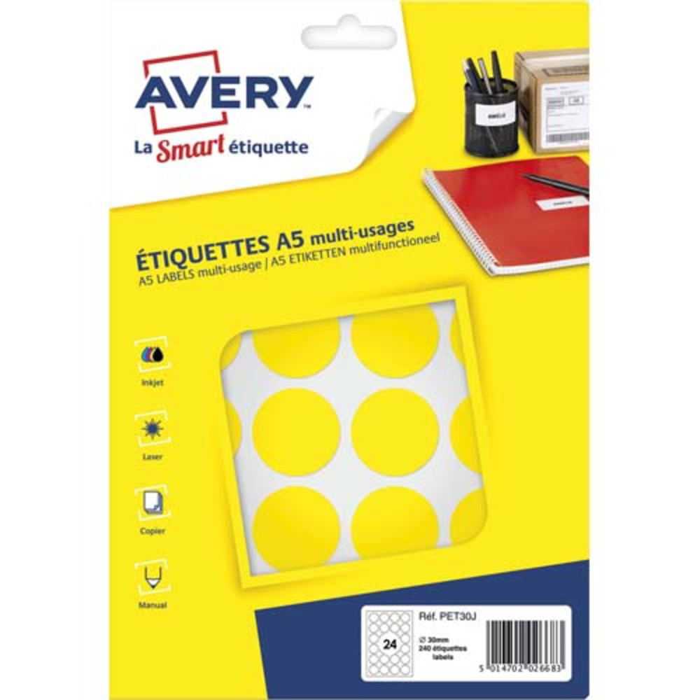 AVERY Sachet de 240 pastilles 30 mm. Imprimables. Coloris Jaune.