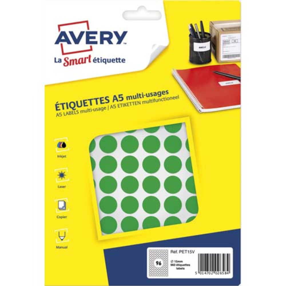 AVERY Sachet de 960 pastilles 15 mm. Imprimables. Coloris Vert.