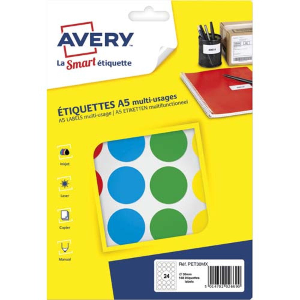 AVERY Sachet de 168 pastilles 30 mm. Imprimables. Coloris assortis.