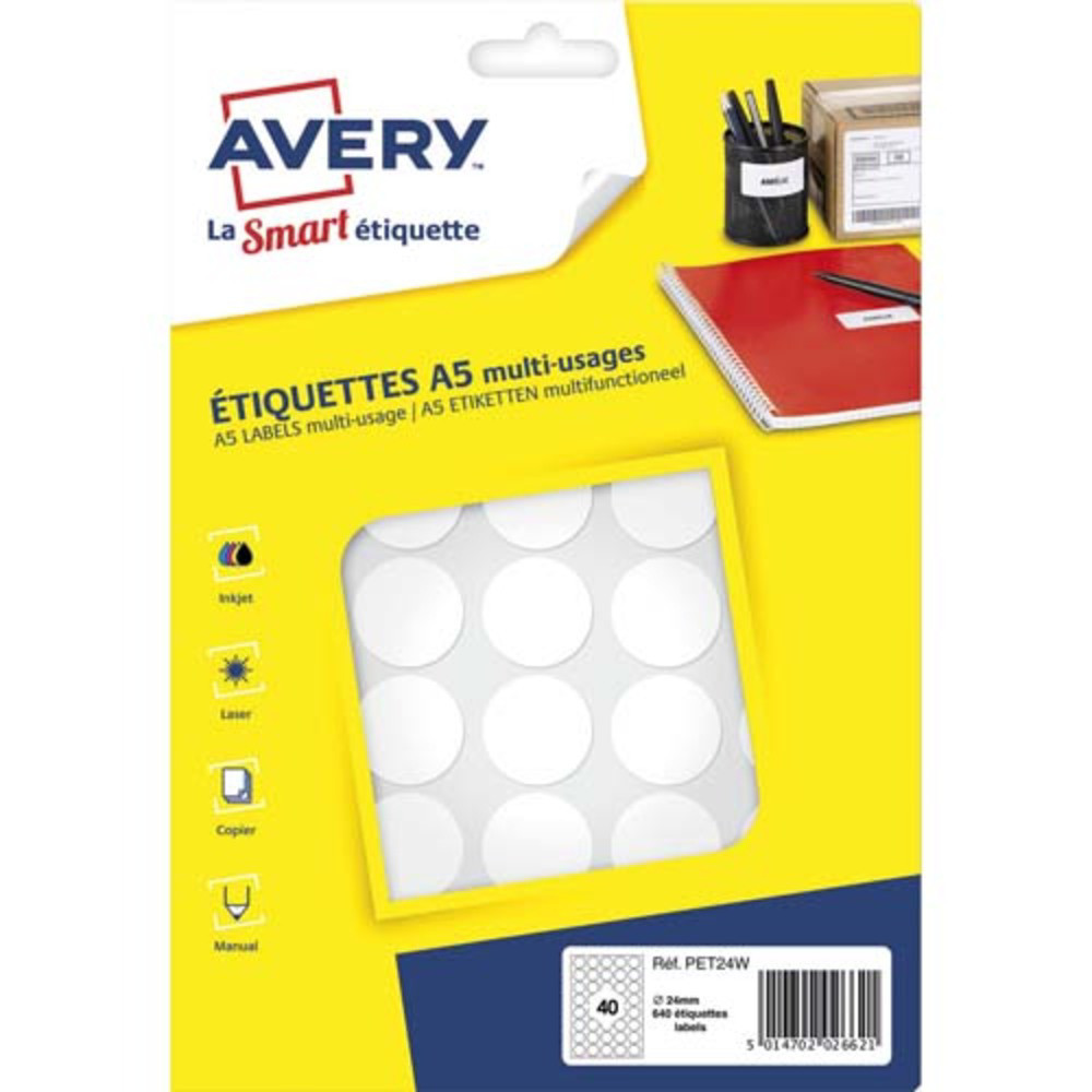 AVERY Sachet de 640 pastilles 24 mm. Imprimables. Coloris Blanc.