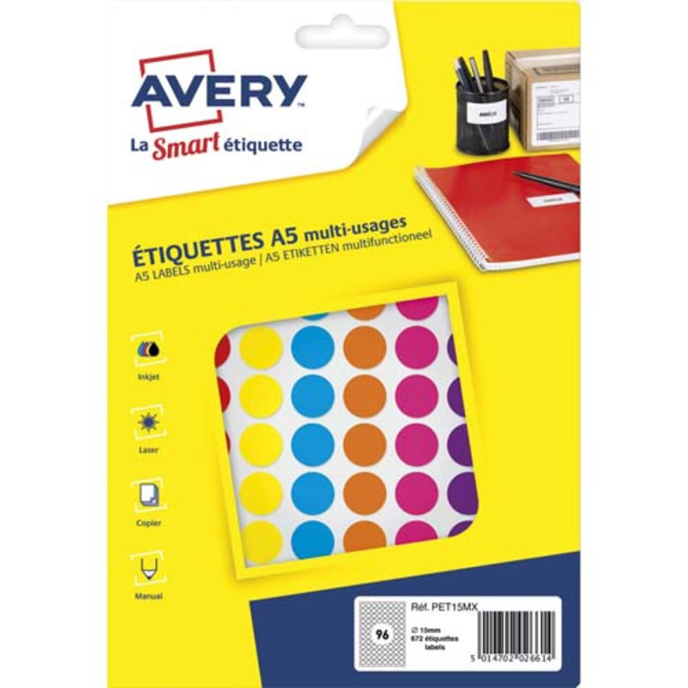 AVERY Sachet de 672 pastilles 15 mm. Imprimables. Coloris assortis.