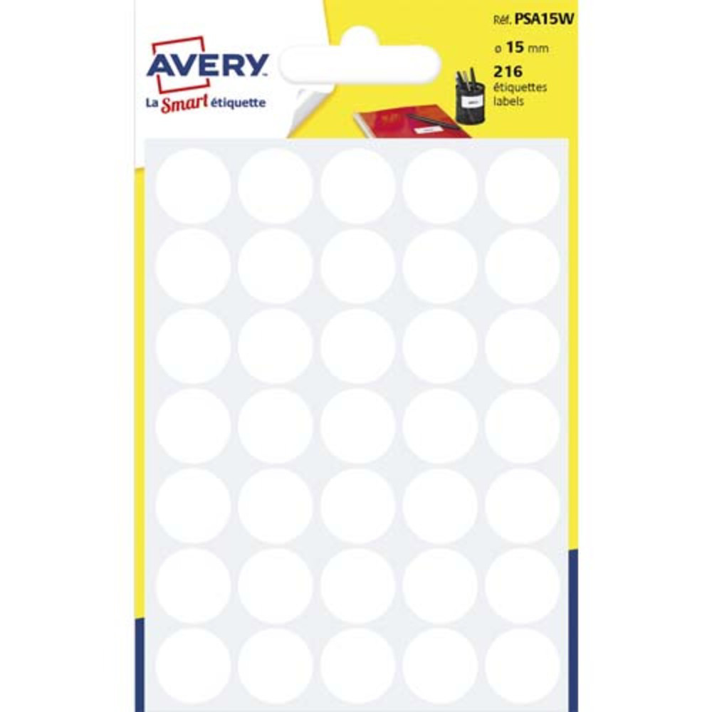 AVERY Sachet de 216 pastilles 15 mm. Ecriture manuelle. Coloris Blanc.