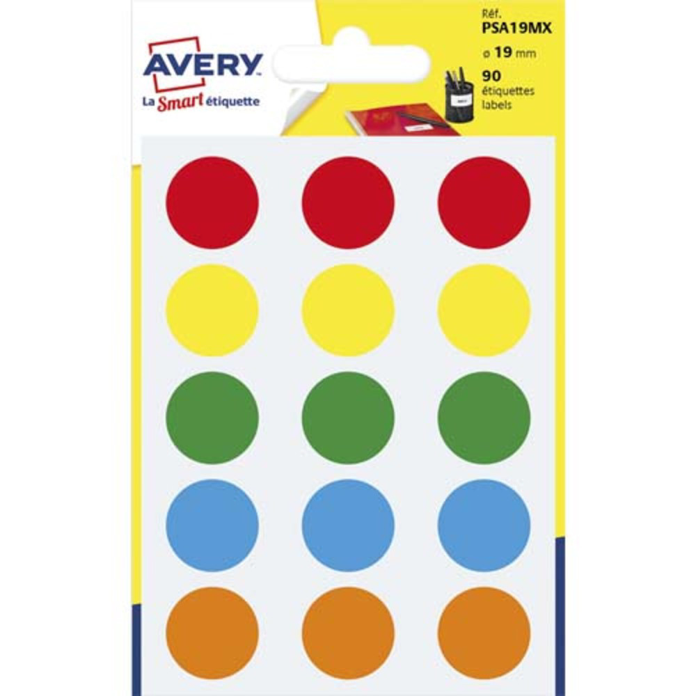 AVERY Sachet de 90 pastilles 19 mm. Ecriture manuelle. Coloris assortis.