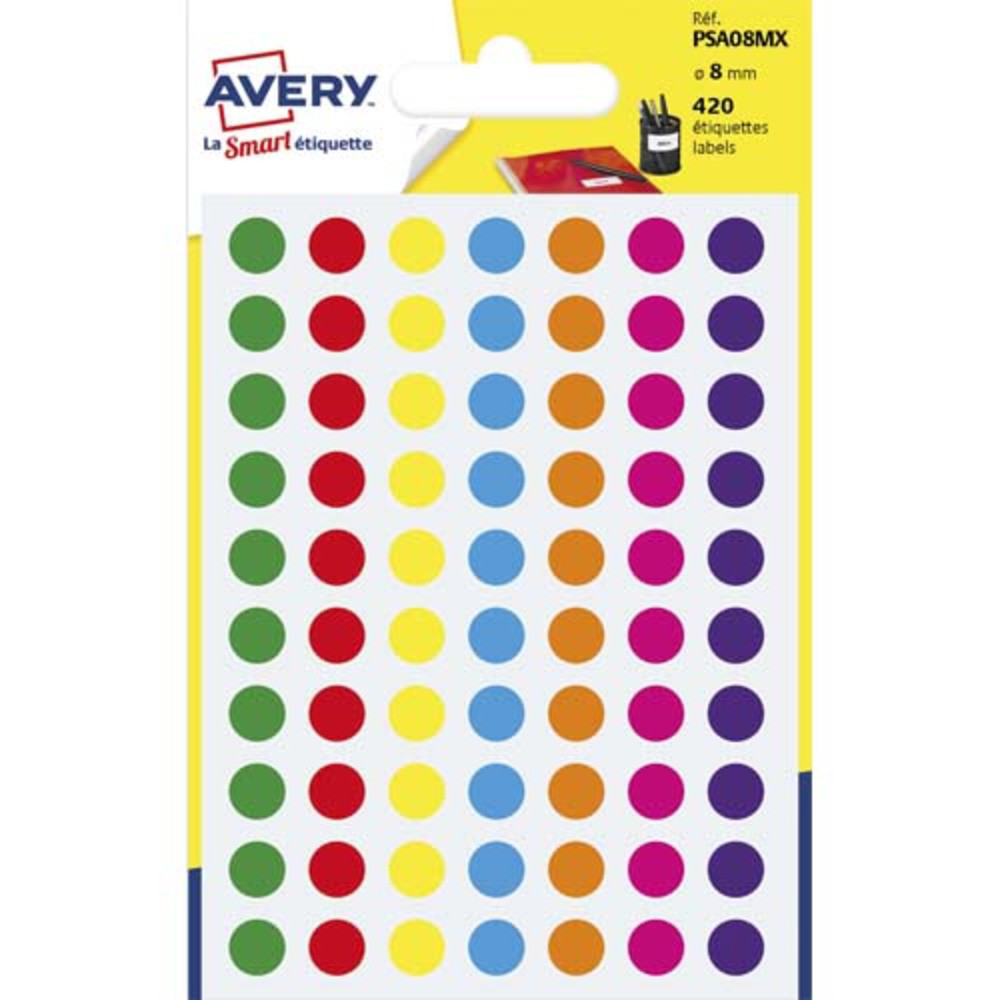 AVERY Sachet de 420 pastilles 8 mm. Ecriture manuelle. Coloris assortis.