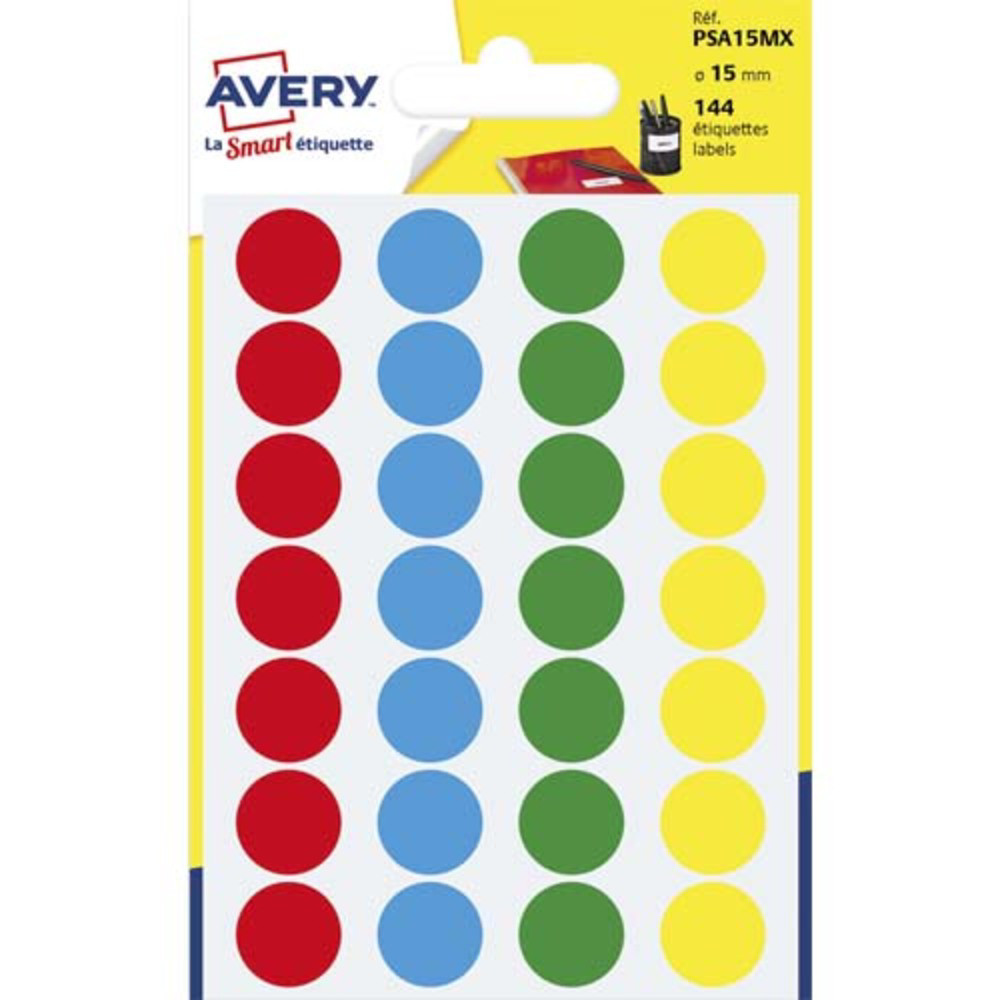 AVERY Sachet de 144 pastilles 15 mm. Ecriture manuelle. Coloris assortis.