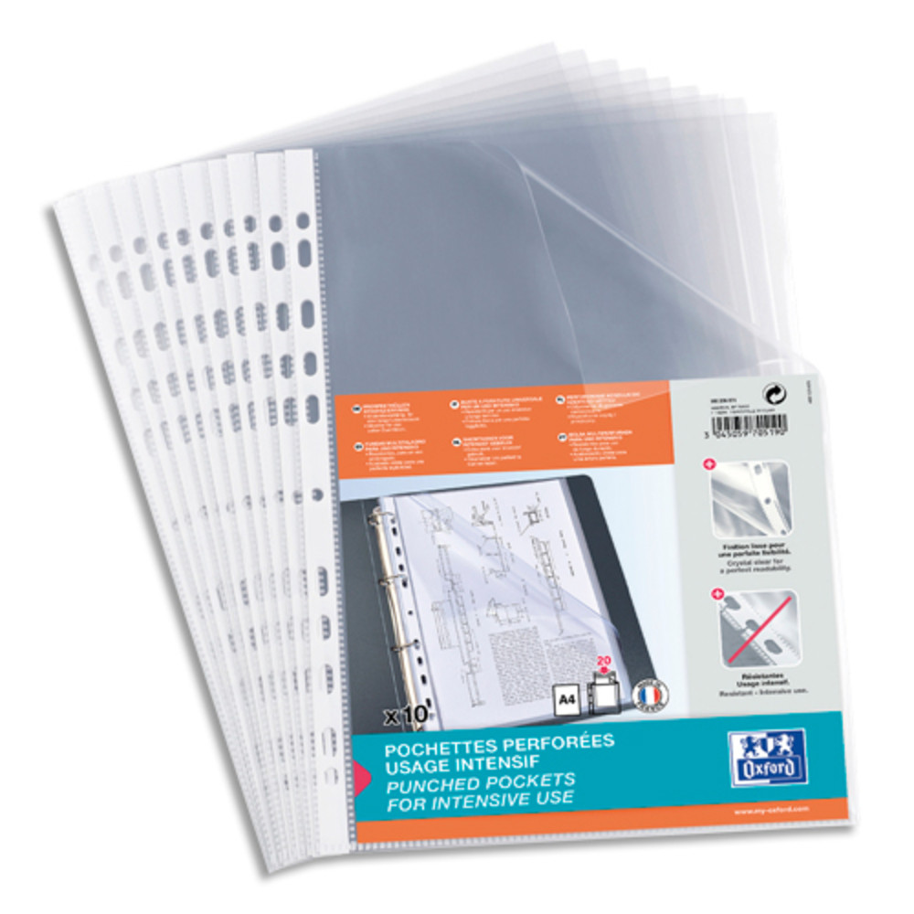 OXFORD Sachet de 10 pochettes perfores en polypropylne lisse 9/100e. Format A4, perforation 11 trous.