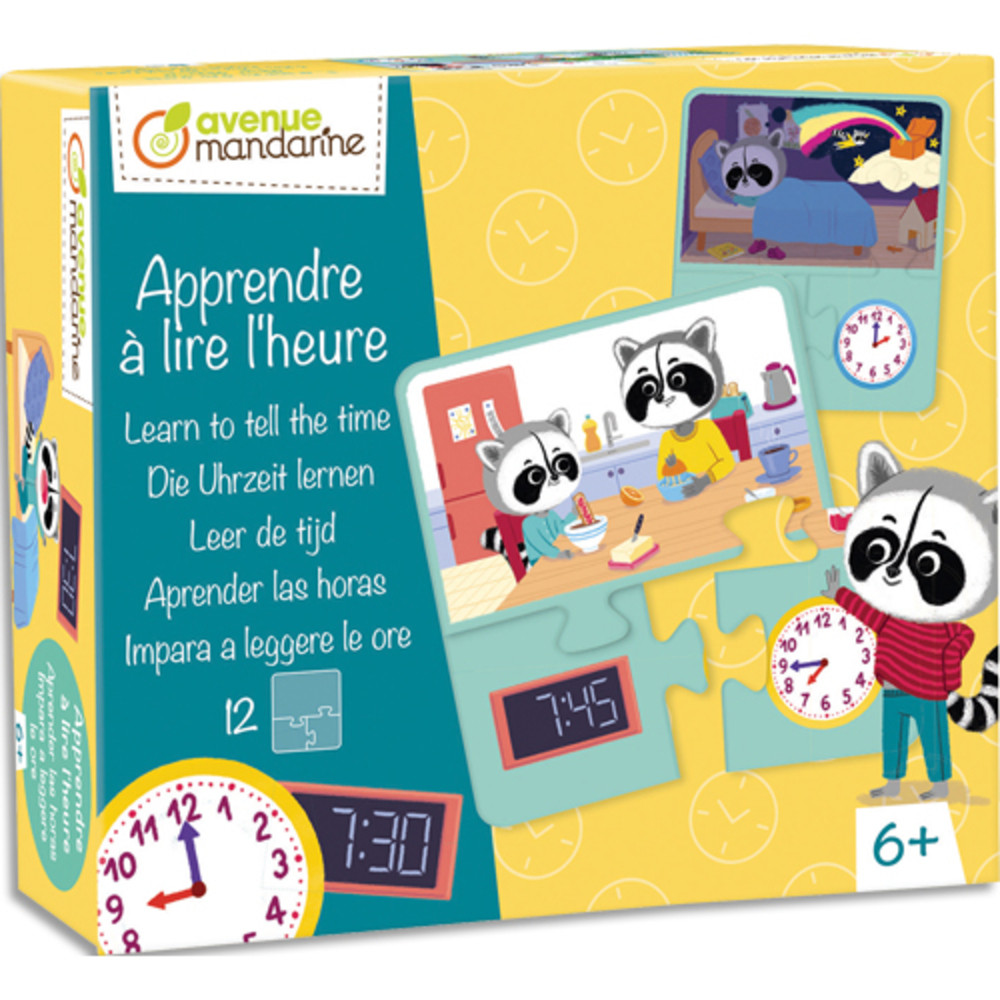 AVENUE MANDARINE Bote puzzle thme apprendre  lire l'heure 12 puzzles de 3 pices, bords arrondis