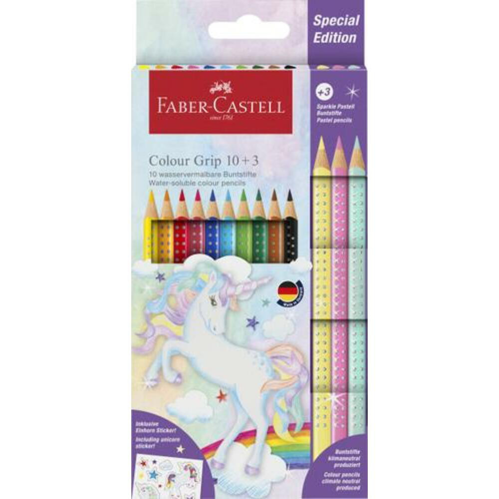 FABER CASTELL Etui de 10+3 crayons de couleurs dition licorne dont 3 crayons pastel Sparkle+autocollants