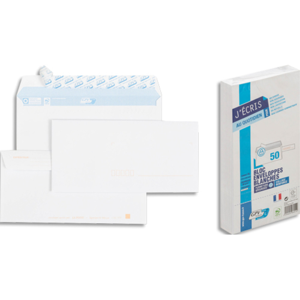 GPV Bloc de 50 enveloppes auto-adhsives 90g blanches prcases format 110x220 mm rfrence 6615