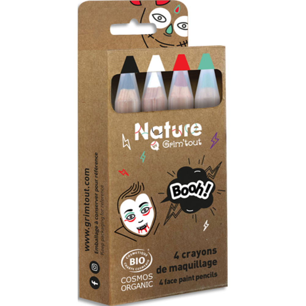 GRIM TOUT Bote de 4 crayons de maquillage certifis bio naturel - BOOH! Idal pour Halloween