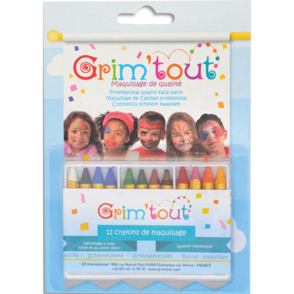 GRIM TOUT Bote de 12 crayons, couleurs assorties - Dimensions d'un crayon : 8,5x60mm - Nettoyage  l'eau