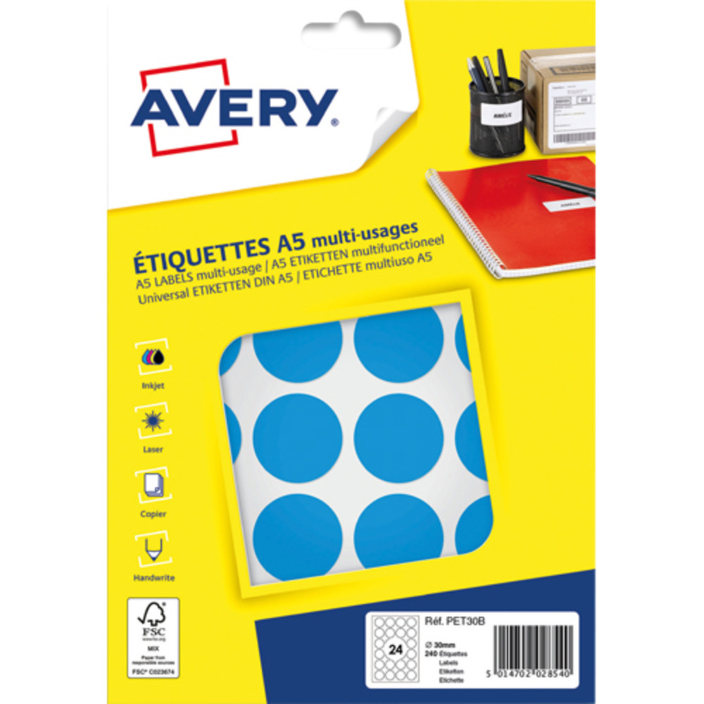 AVERY Sachet de 240 pastilles 30 mm. Imprimables. Coloris Bleu