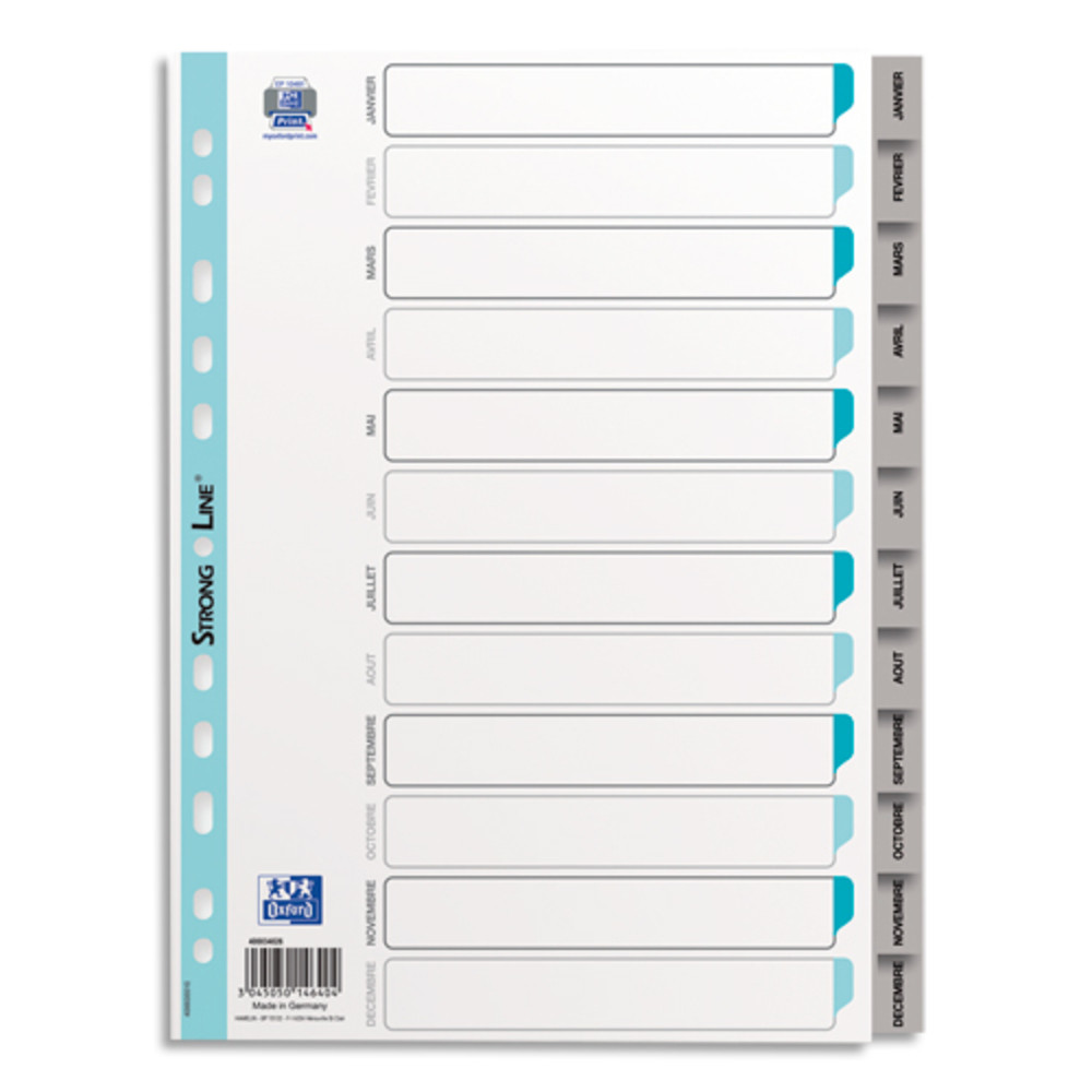 OXFORD Intercalaire mensuel 12 positions en polypropylne 12/100e. Format A4. Coloris gris