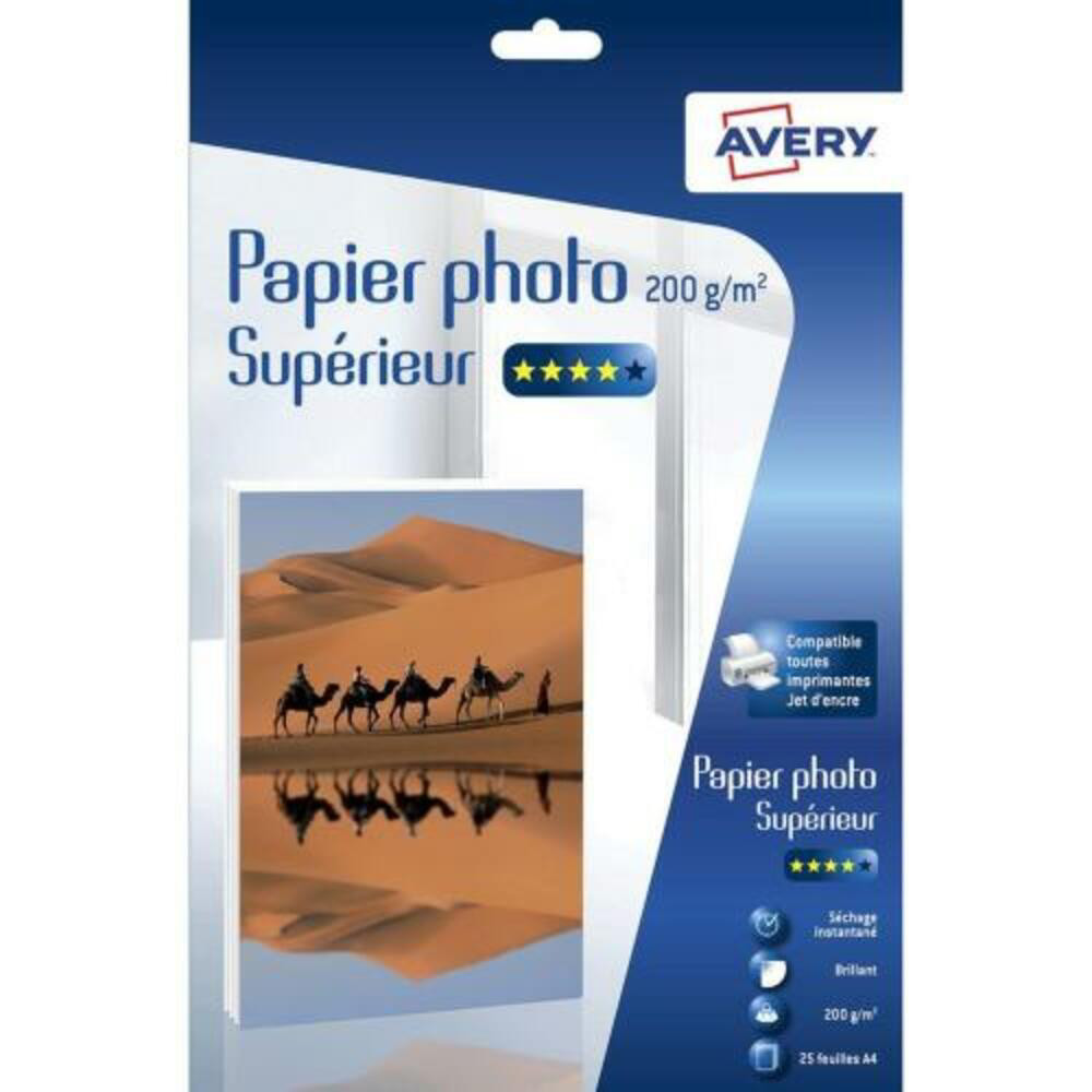 AVERY Bote de 25 feuilles de papier photo brillant suprieur A4, Jet d'encre, 200g/m