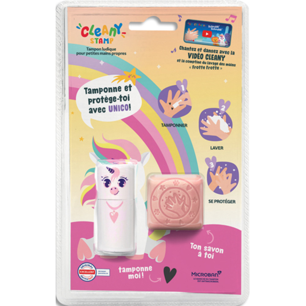 COLOP Tampon Cleany Stamp UNICO blanc avec savon, pour apprendre  se laver les mains de manire ludique