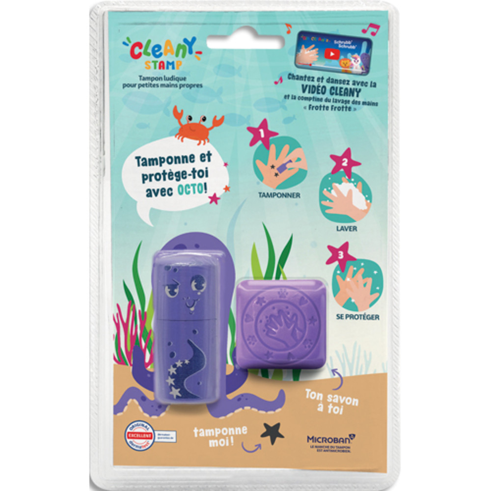 COLOP Tampon Cleany Stamp OCTO violet avec savon, pour apprendre  se laver les mains de manire ludique