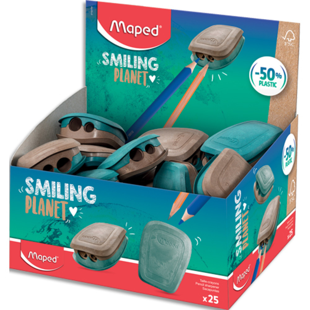 MAPED Taille-Crayons 2 trous Smiling Planet compos  50% de fibres de bois FSC,vendu en prsentoir de 25