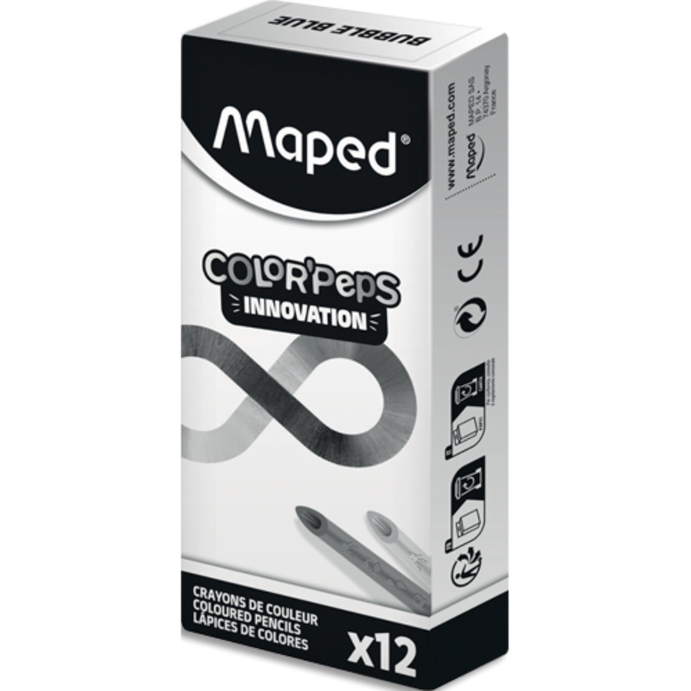 MAPED Pochette de 12 crayons de couleur INFINITY Bubble Bleu. Corps creux et pointe biseaute
