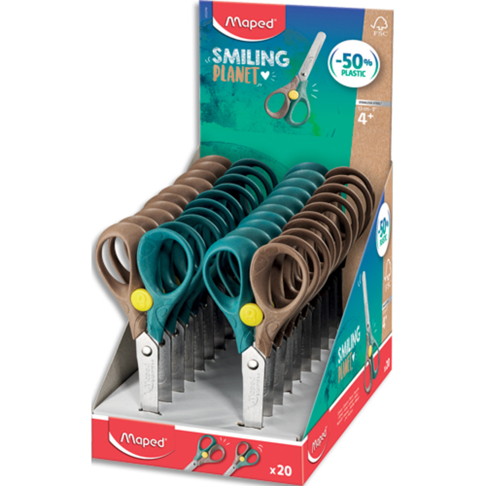 MAPED Ciseaux Security 13 cm Smiling Planet, compos  50% de fibres de bois FSC, livr en prsentoir