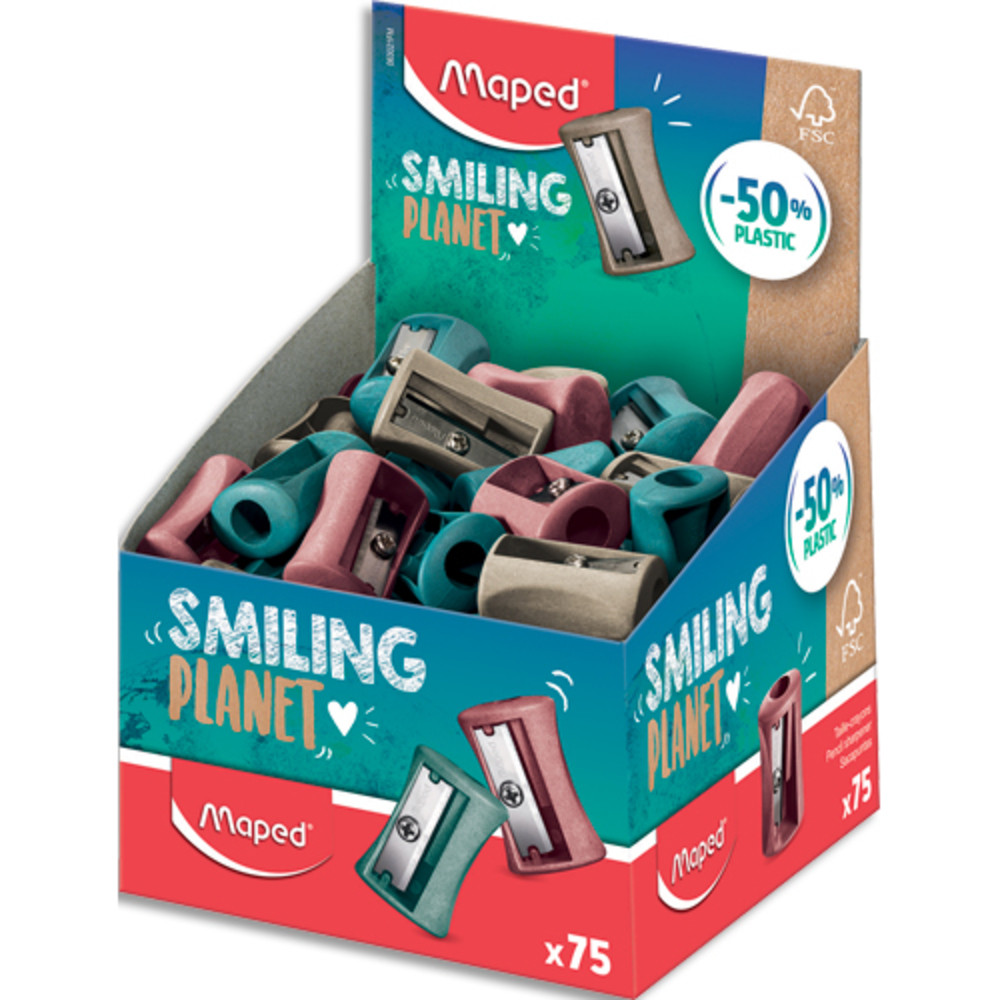 MAPED Taille-Crayons Vivo 1 trou Smiling Planet compos  50% de fibres de bois FSC, livr en prsentoir