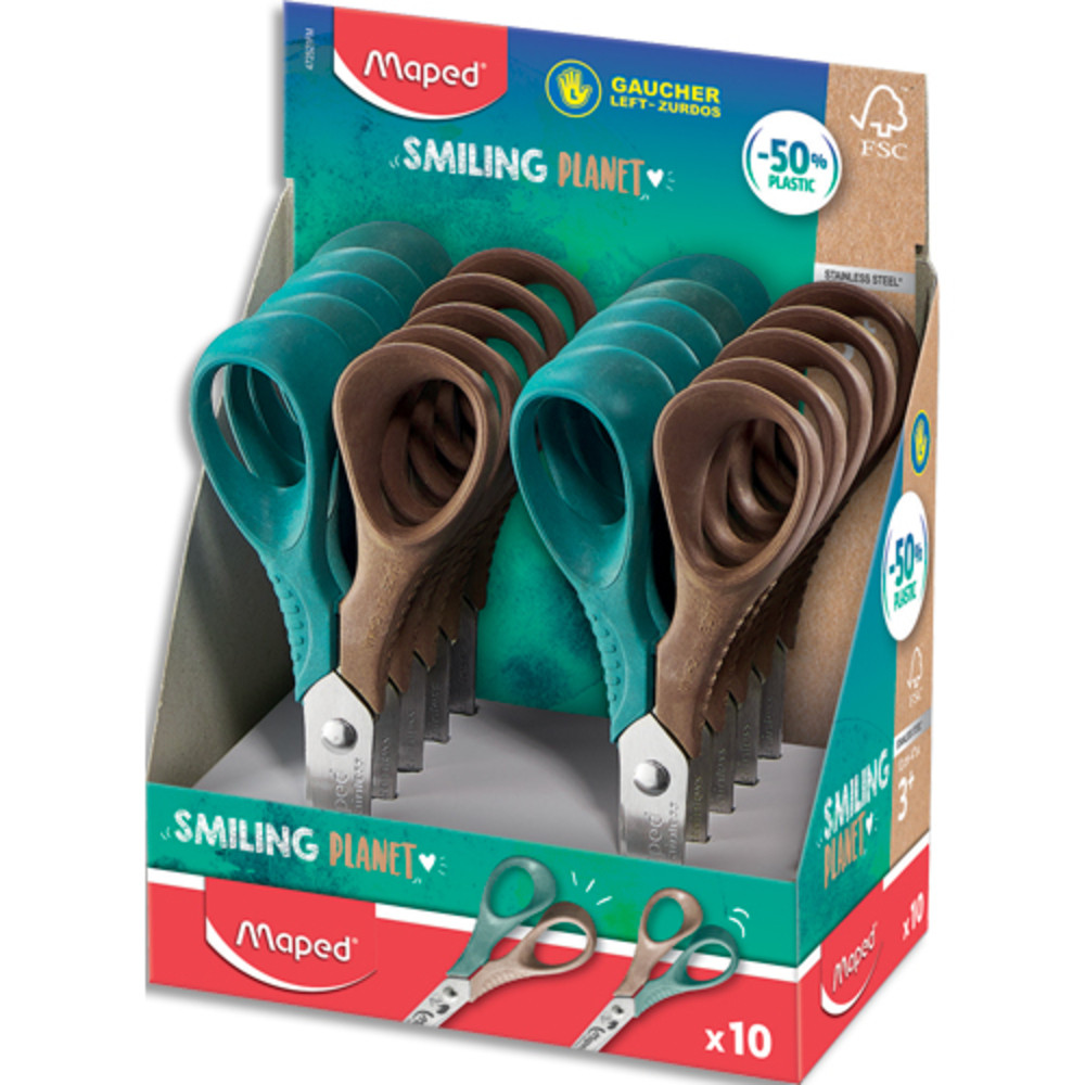 MAPED Ciseaux Vivo 12 cm Smiling Planet gaucher, compos  50% de fibres de bois FSC, livr en prsentoir