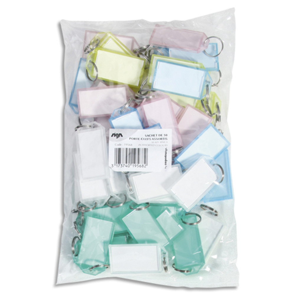 SIGN Sachet de 50 porte-cls  clapet En plastique 5 coloris : rouge, bleu, jaune, vert, blanc